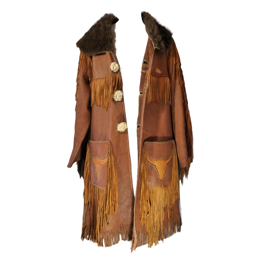 Handmade Elk & Deer Leather Coat with Buffalo Fur and Hand-Carved Antler Buttons